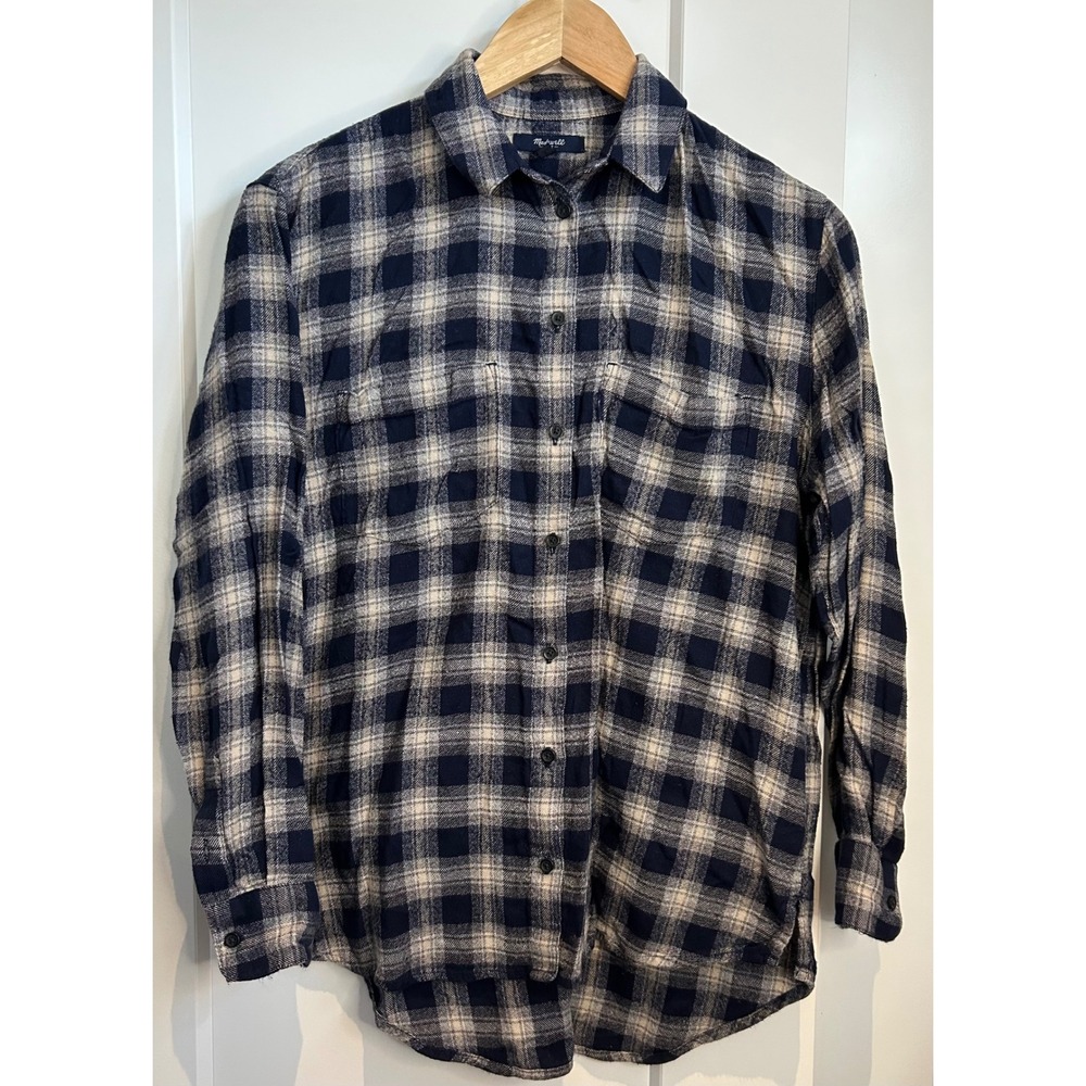 Madewell Navy Blue Cream Plaid Cotton Viscose Button Down Layer Small